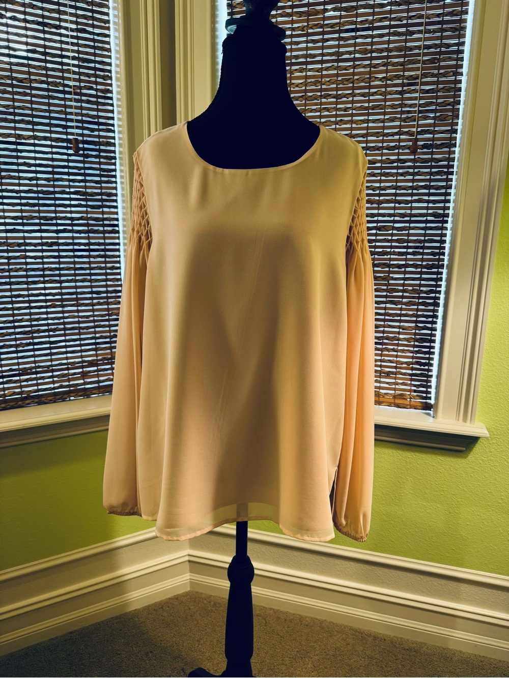 Women’s pale peach Flowing Long-Sleeve Blouse with Smocked Shoulders